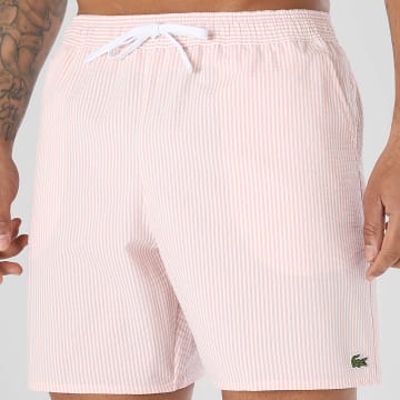 Lacoste - Pantalón Corto de Baño a Rayas Logo Bordado Cocodrilo Rosa Blanco