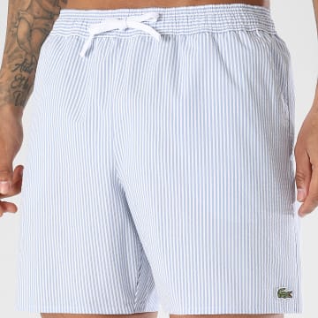 Lacoste - Pantalón Corto de baño A Rayas Logo Bordado Cocodrilo Azul Claro Blanco