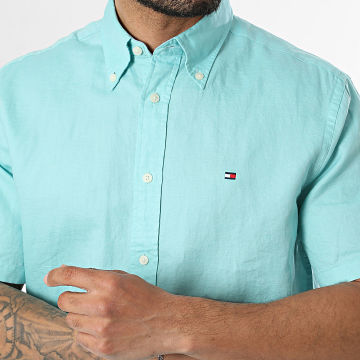 Tommy Hilfiger - Camisa Manga Corta Regular Fit Mezcla de Lino Sólido 2450 Turquesa