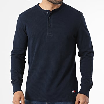 Tommy Jeans - Tee Shirt Manches Longues Col Boutonné Waffle Henley 2525 Bleu Marine