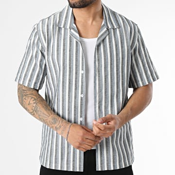 MTX - Camicia Maniche Corte A Righe Effetto Lino 173 Bianco Nero Blu Navy