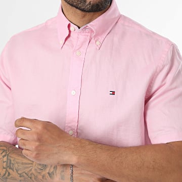 Tommy Hilfiger - Camisa Manga Corta Regular Fit Mezcla de Lino Sólido 2450 Rosa