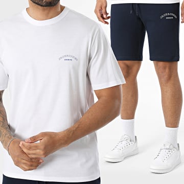 Jack And Jones - Ensemble Tee Shirt Et Short Jogging College Logo Blanc Bleu Marine