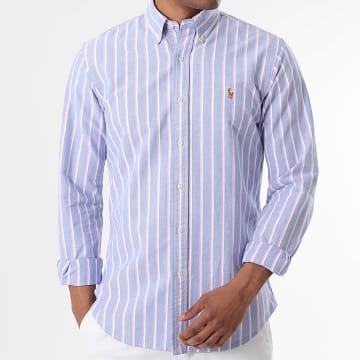 Polo Ralph Lauren - Camisa Manga Larga A Rayas Custom Fit Oxford Azul Claro Rosa Blanco