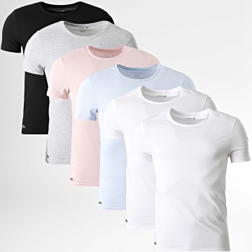 Lacoste - Pack de 6 Camisetas Slim Logo Bordado Cocodrilo Negro Blanco Gris Jaspeado Rosa Azul Claro