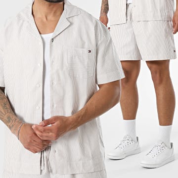 Tommy Hilfiger - Completo Camicia Maniche Corte E Pantaloncino A Righe Oxford 3818 Beige Bianco