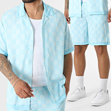 KZR - Conjunto Camisa Manga Curta e Calção de treino Xadrez 308 Azul Claro