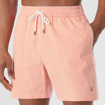 Polo Ralph Lauren - Pantalón corto de baño a rayas Oxford naranja blanco