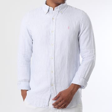 Polo Ralph Lauren - Chemise Manches Longues A Rayures Original Player Blanc Bleu Clair