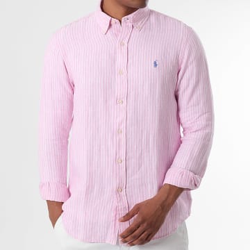Polo Ralph Lauren - Camisa Manga Larga A Rayas Original Player Rosa Blanco