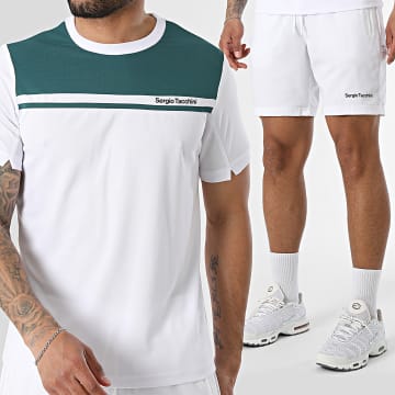 Sergio Tacchini - Completo T-Shirt E Pantaloncino Da Jogging Riflesso 41408 41411 Bianco Verde Scuro