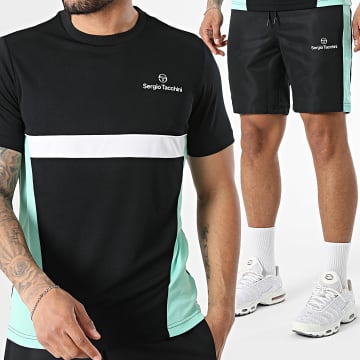 Sergio Tacchini - Completo T-Shirt E Pantaloncino Da Jogging Granada 41459 41462 Nero Bianco Verde Turchese