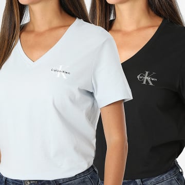 Calvin Klein - Pack de 2 T-Shirts com Decote em V Femininas 7C906 Preto Azul Claro