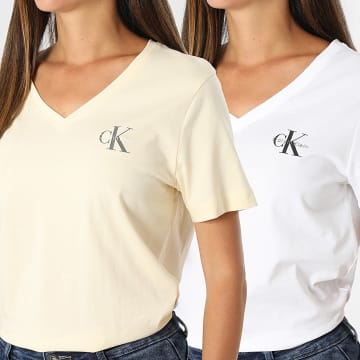 Calvin Klein - Pack de 2 T-Shirts com Decote em V Femininas 7C906 Branco Amarelo