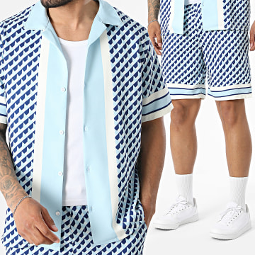 KZR - Ensemble Chemise Manches Courtes Et Short Jogging 306 Bleu Clair Bleu Roi Beige Clair