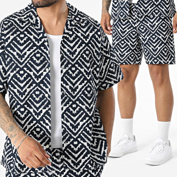 Jack And Jones - Tracksuit Short Sleeve Shirt And Jogger Short Seersucker Navy Blue White