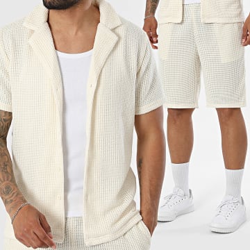 Fusional - Tracksuit Short Sleeve Shirt And Textured Jogger Short A09 Beige