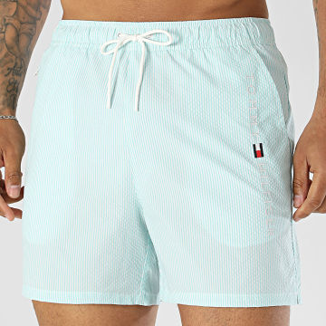 Tommy Hilfiger - Short De Bain A Rayures Medium Drawstring Ithaca 3839 Turquoise Blanc