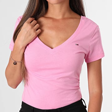Tommy Jeans - T-Shirt Scollo a V Donna Slim 0458 Rosa
