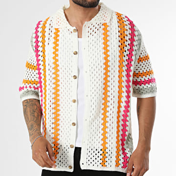 Frilivin - Camisa de mangas curtas vazada 268 Bege Claro Laranja Rosa Verde Kaki