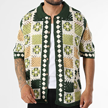 Frilivin - Camisa de mangas curtas vazada 287 Bege Verde Escuro Verde Claro