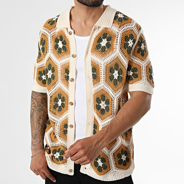 Frilivin - Camisa de mangas curtas vazada 030 Bege Claro Camel Verde Kaki