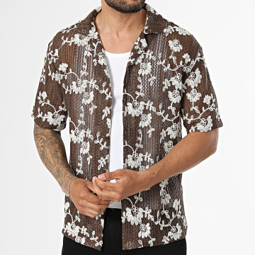 Frilivin - Camisa de mangas curtas vazada 379 Castanho Bege Floral