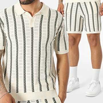 Frilivin - Set Poloshirt Kurzarm und Loch-Jogging-Short 71A Hellbeige Khaki Grün