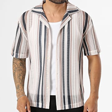 Frilivin - Camisa Manga Curta Vazado Listrado 810 Bege Marrom Preto