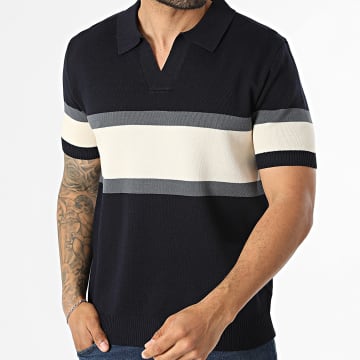 Frilivin - Polo Manches Courtes Col V En Maille 373 Bleu Marine Gris Beige