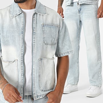 Uniplay - Conjunto Sobrecamisa Jean Zippada Manga Curta E Jean 411 Azul Claro