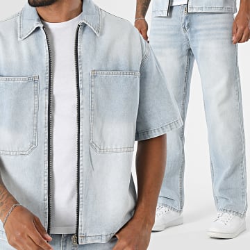 Uniplay - Completo Giacca di Jeans con Zip a Maniche Corte e Jean 420 Blu Chiaro