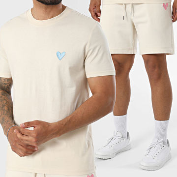 Luxury Lovers - Co-ord Set T-Shirt En Casual Short Two Tone Heart Borduurwerk Beige