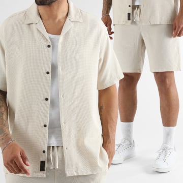 Jack And Jones - Completo Camicia Maniche Corte E Pantaloncino Globale Waffle Resort Beige Chiaro