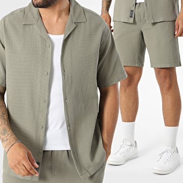 Jack And Jones - Set Kurzarmhemd Und Jogging-Short Global Waffle Resort Grün Khaki