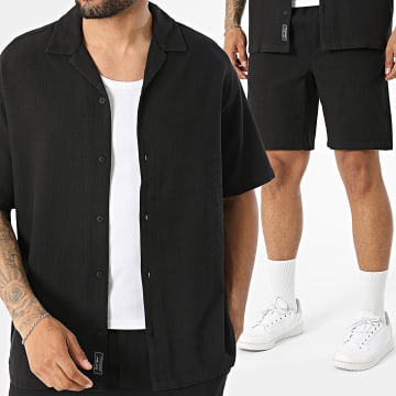 Jack And Jones - Co-ord Set Overhemd Korte Mouwen En Casual Short Global Waffle Resort Zwart