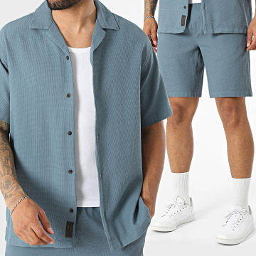 Jack And Jones - Co-ord Set Overhemd Korte Mouwen En Casual Short Global Waffle Resort Blauw
