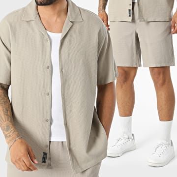 Jack And Jones - Co-ord Set Overhemd Korte Mouw En Broek Global Waffle Resort Beige