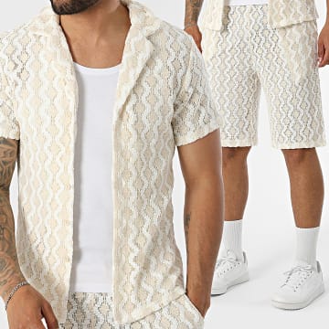 Fusional - Co-ord Set Overhemd Korte Mouwen En Casual Short A02 Wit Lichtbeige