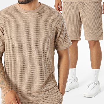 Fusional - Co-ord Set T-Shirt En Textuur Casual Short A08 Camel