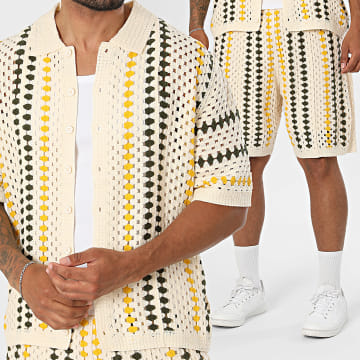Frilivin - Conjunto Camisa Manga Curta E Short De Crochê 194 Bege Claro