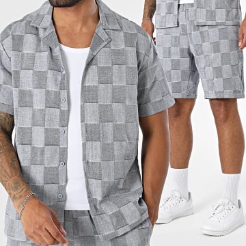 Frilivin - Conjunto Camisa Manga Corta Y Pantalón Corto A Cuadros Gris Jaspeado