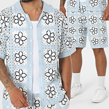 Frilivin - Ensemble Chemise Manches Courtes Et Short Crochet Bleu Clair Blanc Floral