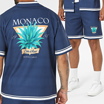 KZR - Ensemble Chemise Manches Courtes Et Short Monaco Bleu Marine Blanc