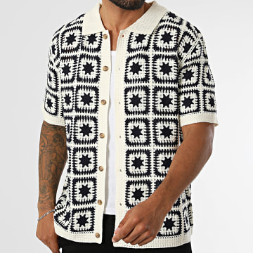 Frilivin - Short-Sleeve Crochet Shirt 308 Light Beige Navy Blue