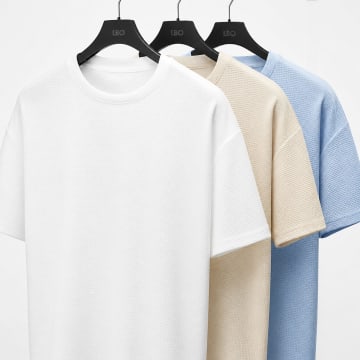 LBO - Pack de 3 Camisetas Texturizadas Waffle Large 2814 Blanco Beige Azul Claro