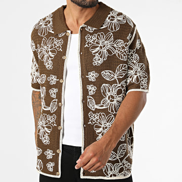 Frilivin - Camisa de manga corta crochet 209 Marrón Beige Floral