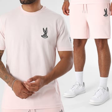 Looney Tunes - Ensemble Tee Shirt Et Short Jogging Patch Brodé Bugs Bunny Front Rose Clair
