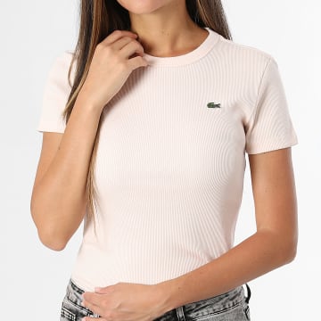 Lacoste - Tee Shirt Femme Rib Logo Brodé Crocodile Slim Rose