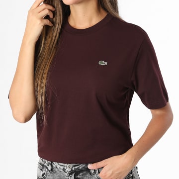 Lacoste - Tee Shirt Femme Logo Brodé Crocodile Relaxed Fit Bordeaux